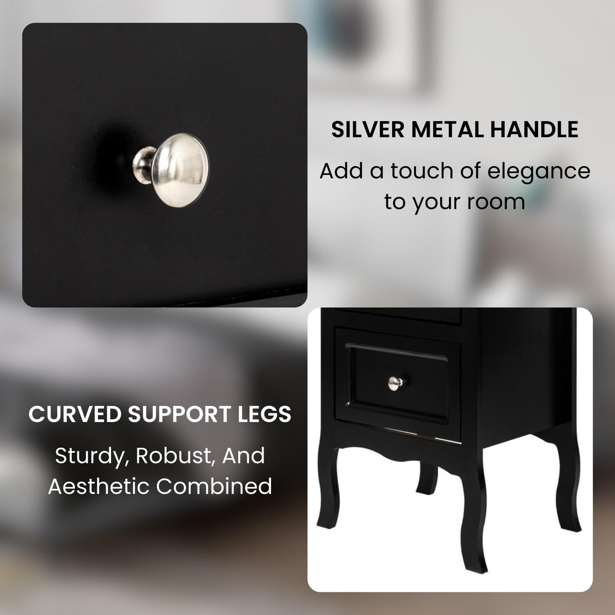 Karl home Black Nightstand Set of 2 for Bedroom, Vintage Small Night Stand with Drawers, Farmhouse Side Table, Wooden End Tables with Curved Legs for Office, Mid-Century Karl home