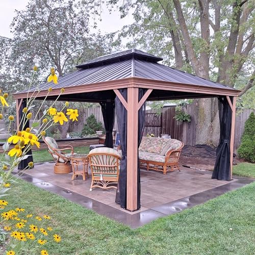 PURPLE LEAF 10' X 12' Outdoor Hardtop Gazebo for Patio Galvanized Steel Double Roof Permanent Canopy Teak Finish Coated Aluminum Frame Pavilion Gazebo with Netting - WoodArtSupply