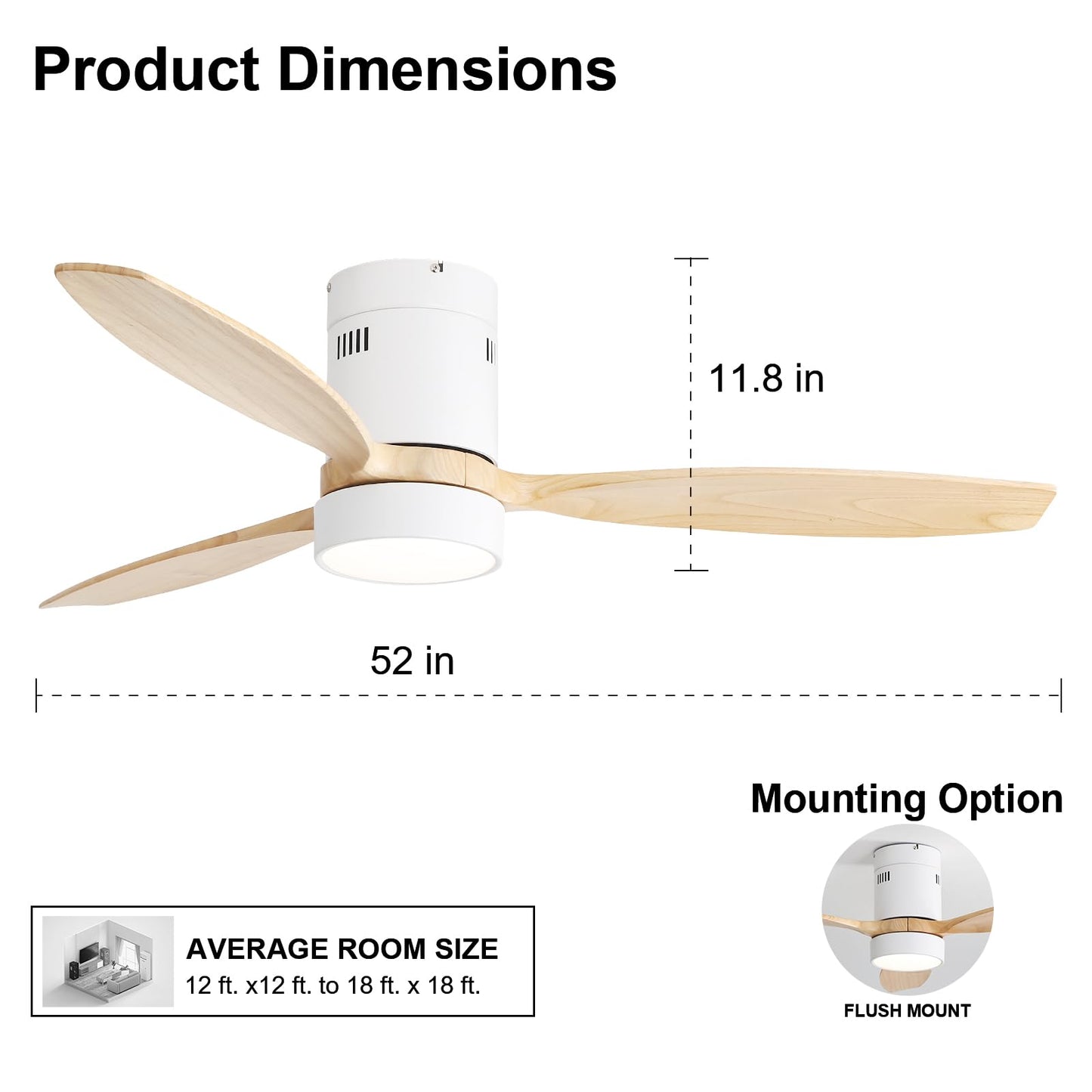 Sofucor 52 Inch Low Profile Ceiling Fan with Lights Remote Control Wood Blades Reversible DC Motor Modern Ceiling Fan for Kitchen, Bedroom, Basement, Dining, Living Room(white+wood color)