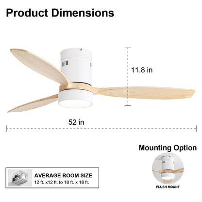 Sofucor 52 Inch Low Profile Ceiling Fan with Lights Remote Control Wood Blades Reversible DC Motor Modern Ceiling Fan for Kitchen, Bedroom, Basement, Dining, Living Room(white+wood color)