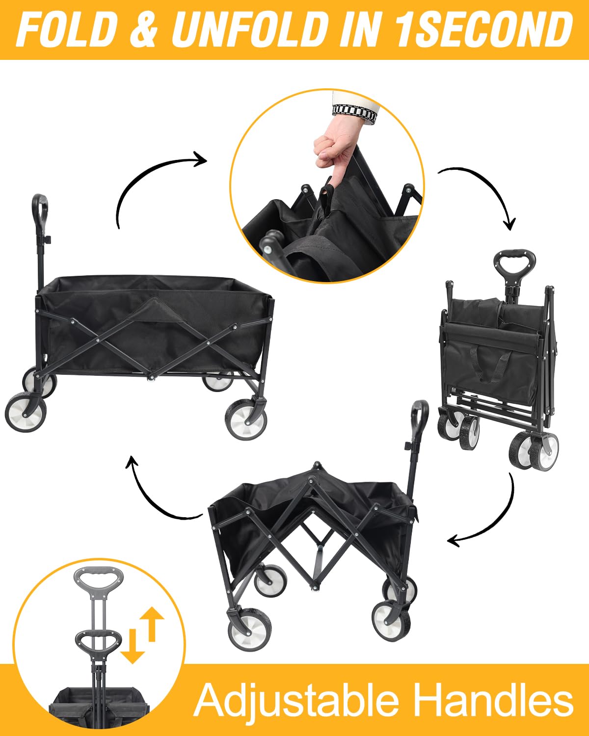 Collapsible Folding Outdoor Utility Wagon, Beach Wagon Cart with All Terrain Wheels & Drink Holders, Portable Sports Wagon for Camping, Shopping, Garden and Beach (Black/1 Year Warrant)