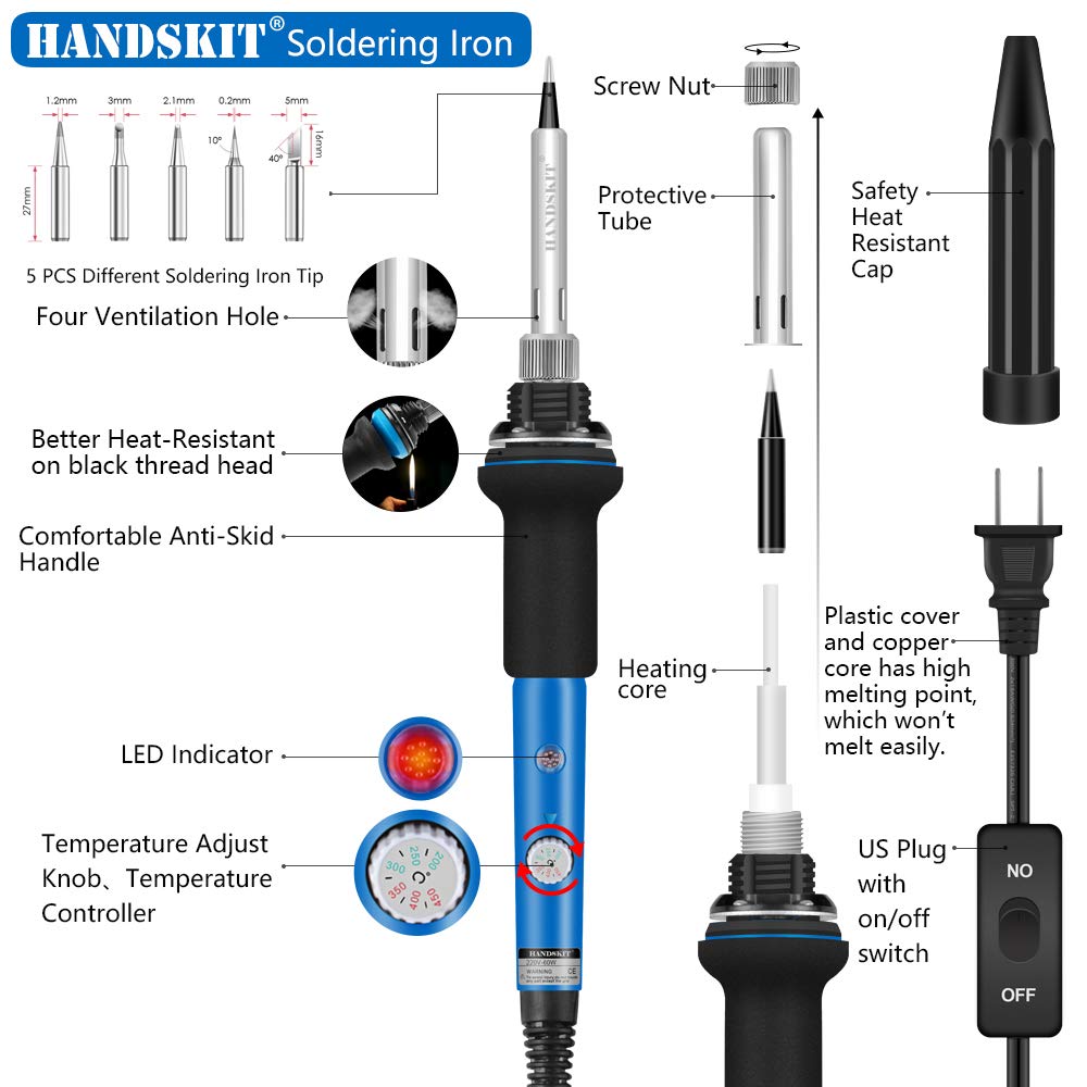 Soldering Iron, Soldering Iron Kit Electronics, 60W Adjustable Temperature Welding Tool, 5pcs Soldering Iron Tip, Soldering Iron Stand, Desoldering Pump, Tweezers, Solder Wire, Rosin, Carry Bag