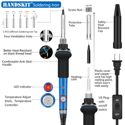 Soldering Iron, Soldering Iron Kit Electronics, 60W Adjustable Temperature Welding Tool, 5pcs Soldering Iron Tip, Soldering Iron Stand, Desoldering Pump, Tweezers, Solder Wire, Rosin, Carry Bag