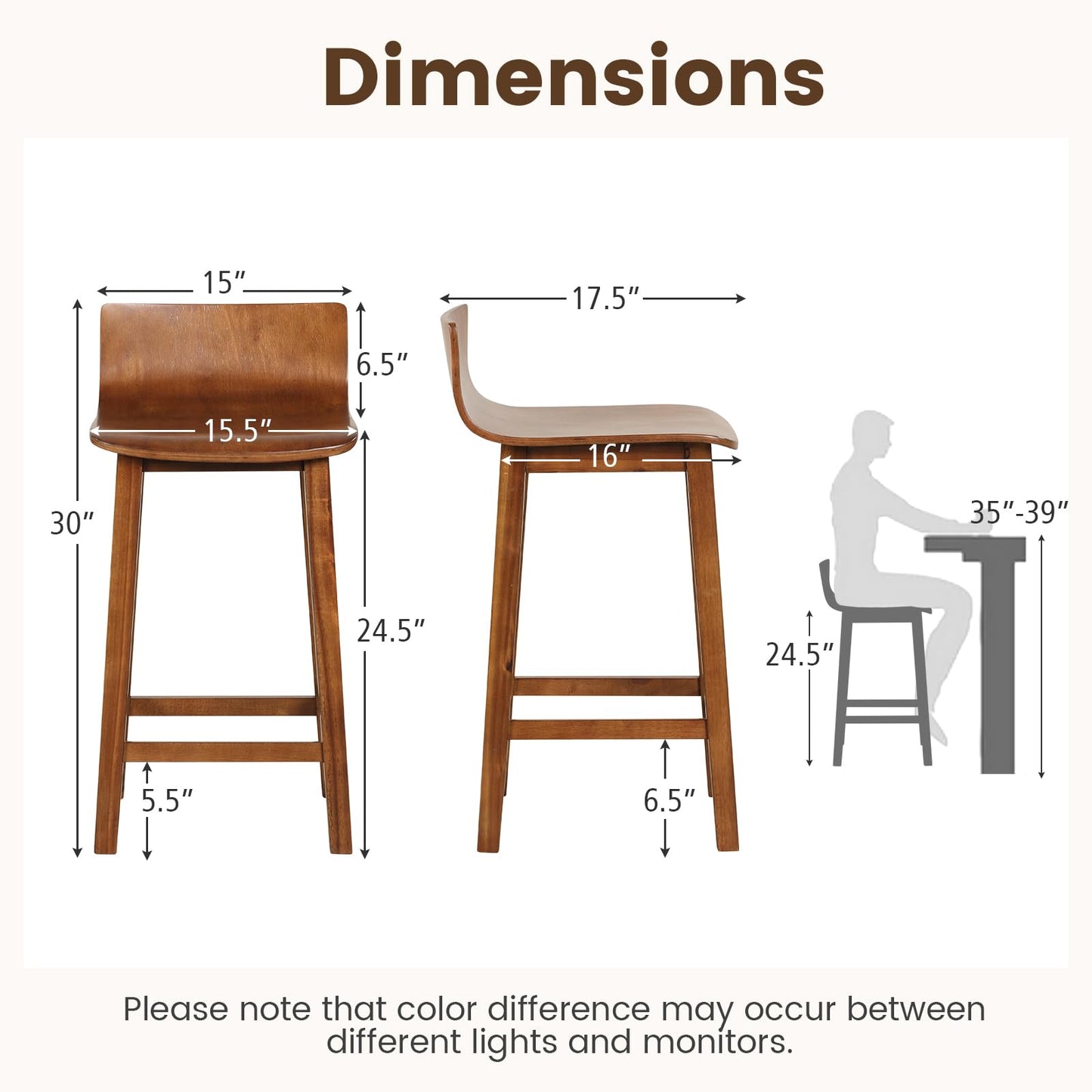 Giantex 24.5" Bar Stools Set of 2, Counter Height Stools w/Backrest & Footrest, Wooden Bar Dining Chairs, Armless Solid Wood Barstools for Kitchen Island, Pub, Dining Room, Breakfast, Kitchen, Cafe