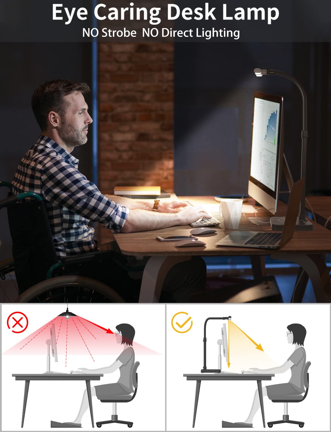 AKRRYR LED Desk Lamp for Home Office, Double Head 24W with USB Charging Port & Wireless Charger, Architect Light 5 Lighting Brightness Flexible Gooseneck Table Reading Study, Black AKRRYR