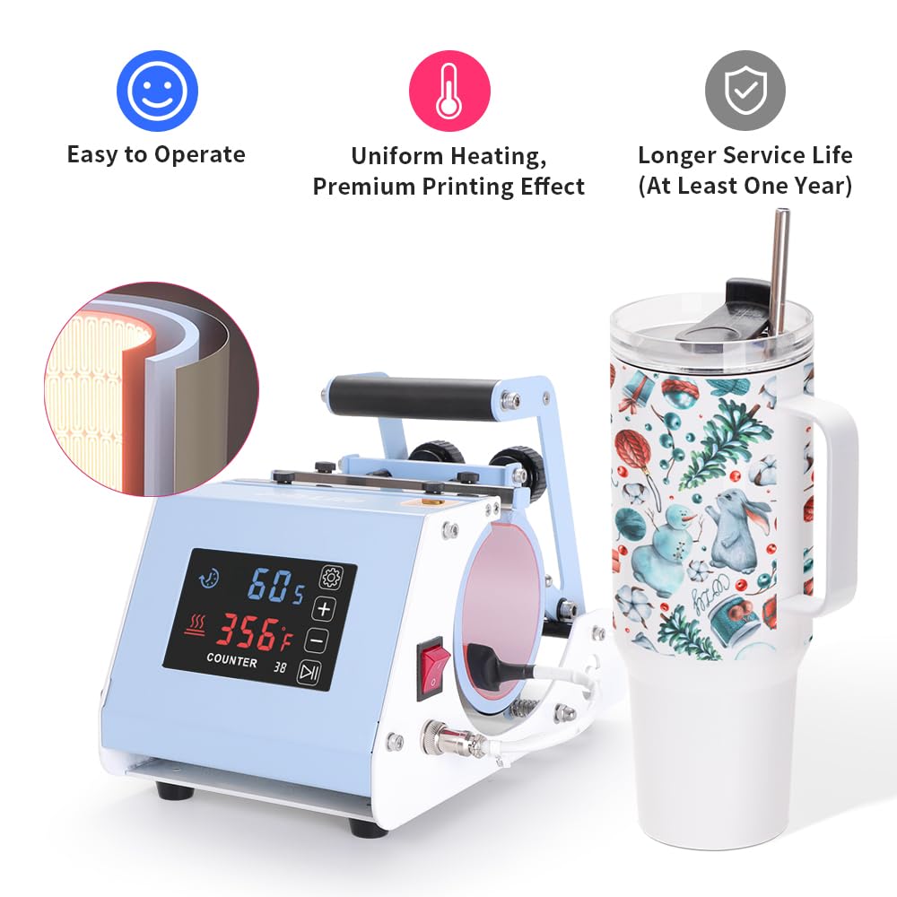 PYD Life 110 V Mini Max 40 OZ Tumbler Heat Press Machine Light Blue Mug Heat Press Touch Screen for 40 OZ Sublimation Tumbler with Handle Sublimation Printing