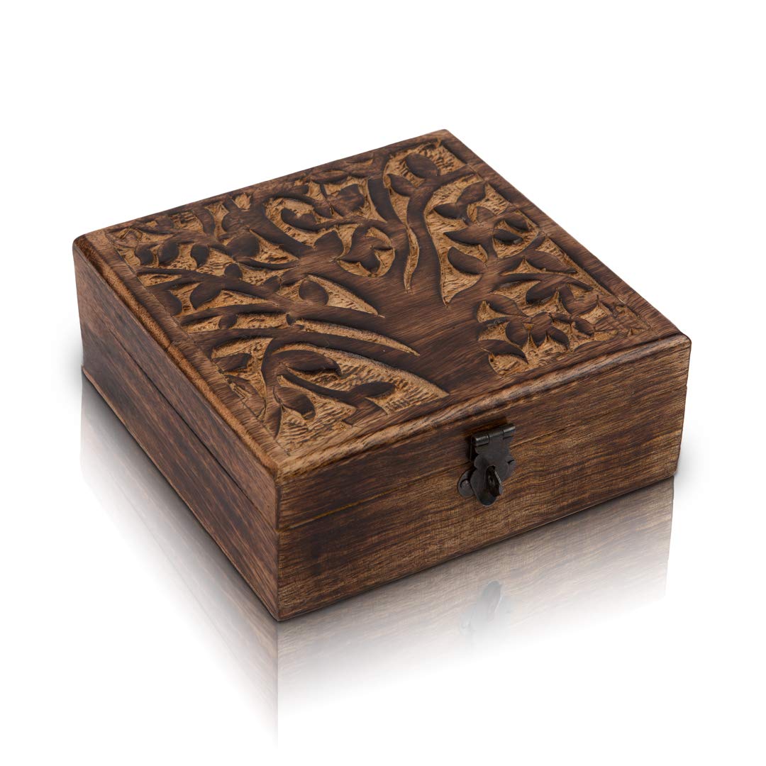 Great Birthday Gifts Handmade Decorative Wooden Jewelry Box With Tree Of Life Carving & Lock & Key Jewelry Organizer Keepsake Box Treasure Chest Trinket Holder Watch Box Storage Lock Box 6 x 6 Inches The Great Indian Bazaar