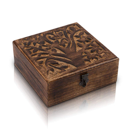 Great Birthday Gifts Handmade Decorative Wooden Jewelry Box With Tree Of Life Carving & Lock & Key Jewelry Organizer Keepsake Box Treasure Chest Trinket Holder Watch Box Storage Lock Box 6 x 6 Inches The Great Indian Bazaar