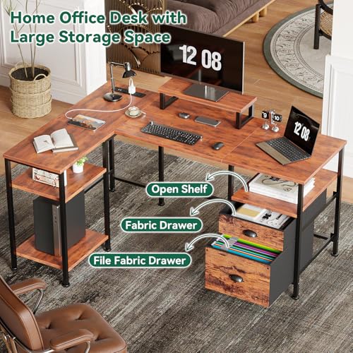 Furologee L Shaped Computer Desk with Power Outlet, Reversible Home Office Desk for Work Study, 50 Inch Corner Gaming Table with File Drawer, Monitor Stand, Storage Shelves, Rustic Brown Furologee