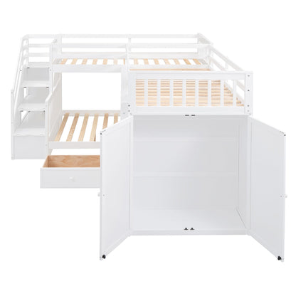 VilroCaz Modern L-Shaped Twin-Twin Over Full Bunk Bed with Staircase and 3 Storage Drawers, Solid Wood Triple Bed with Portable Desk and Wardrobe for Adults Teens Kids, Maximized Space (White-3t)