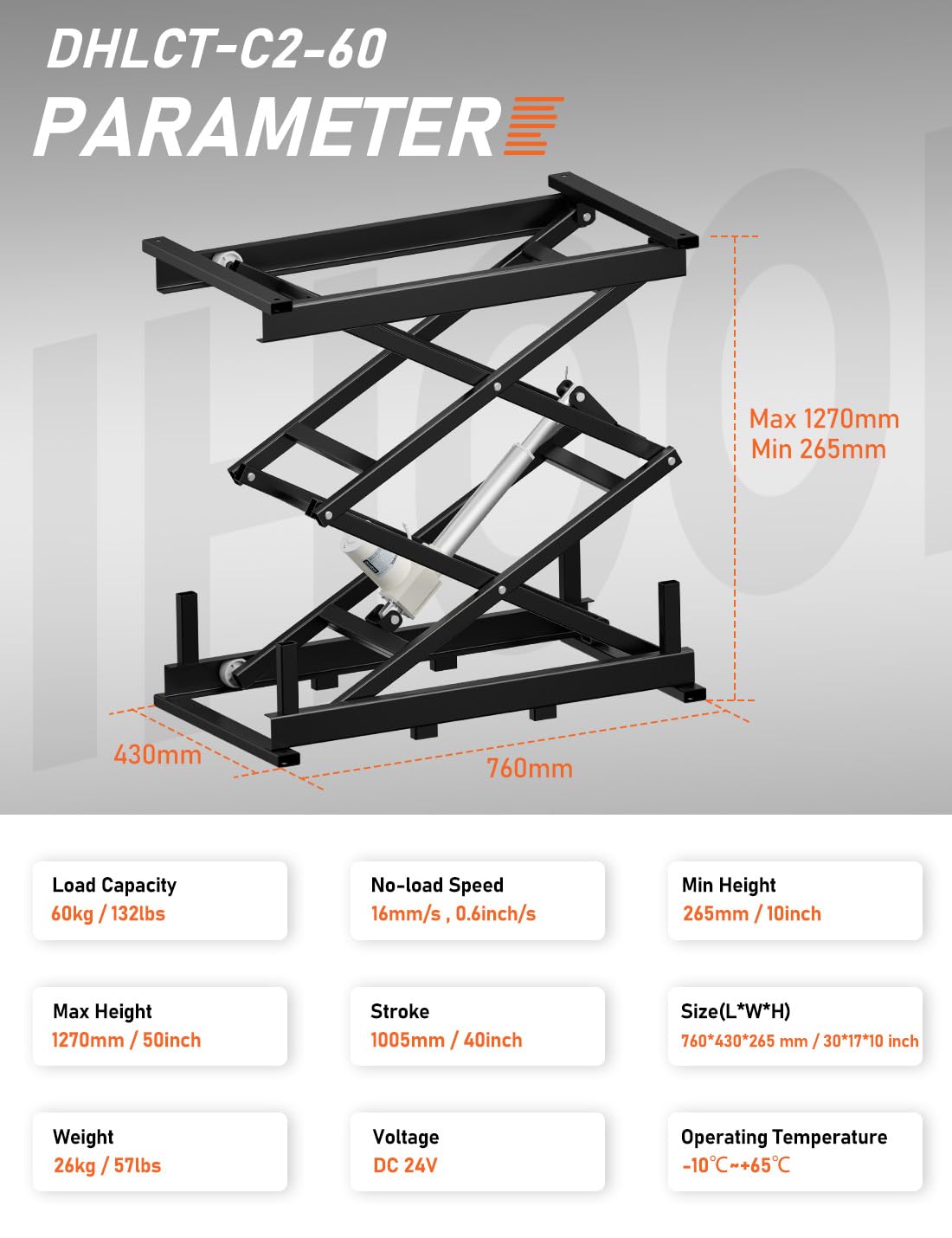 DIHOOL Electric Scissor Lift Table 140LB Load, 265-1270MM Height Adjustable Lifting Platform DIHOOL