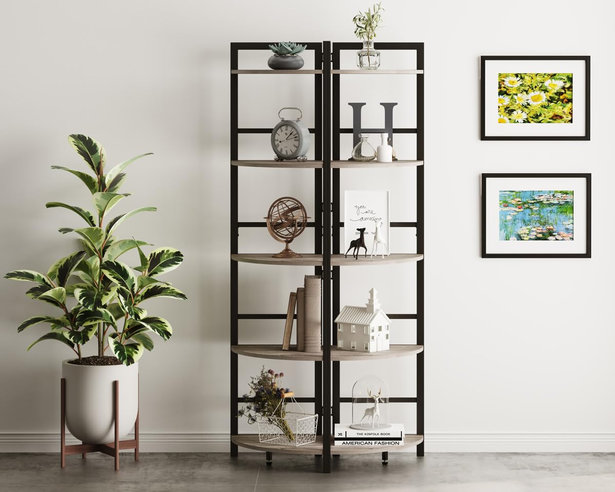 BON AUGURE Industrial Chic 5-Tier Dark Grey Oak Corner Bookshelf - WoodArtSupply