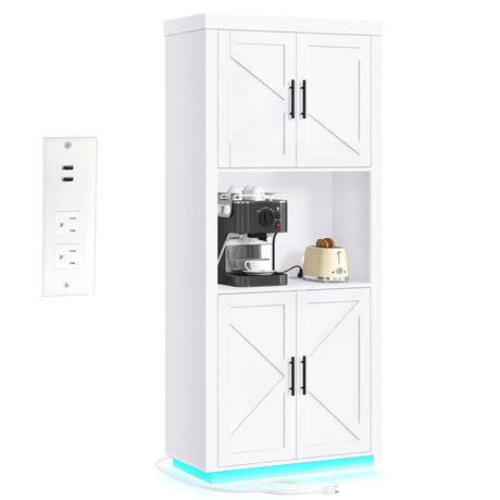 DWVO Kitchen Pantry Cabinet, Modern 71" Tall Kitchen Pantry Hutch Storage Cabinets with Lights & Charging Station & Microwave Stand for Living & Dining Room or Hallway, White DWVO
