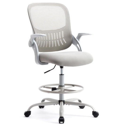 SMUG Drafting Chair, Tall Office Chair Tall Standing Desk Chair Counter Height Adjustable Office Chair with Flip-up Arms, Mid Back Mesh Office Drafting Chair, Grey