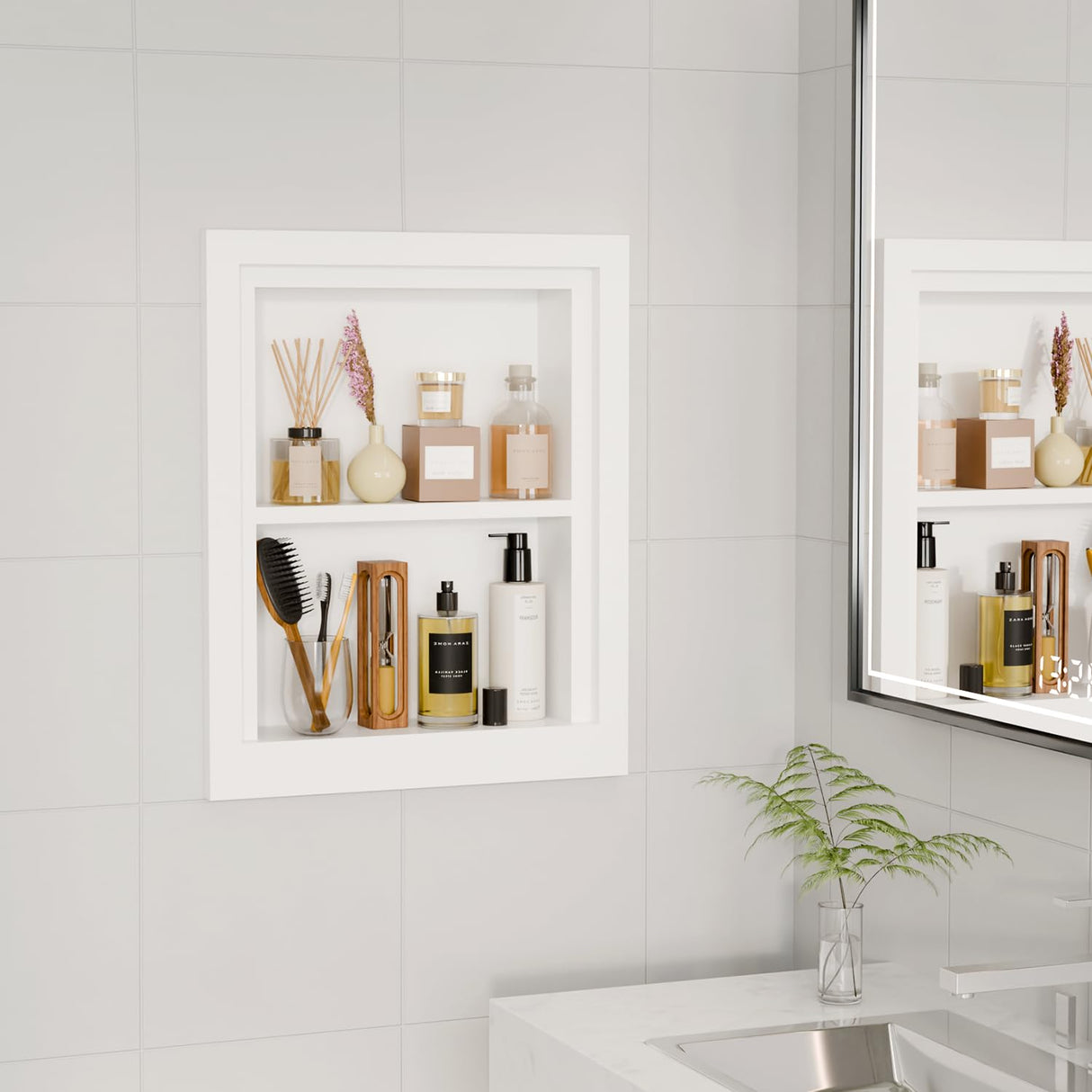 Solid Wood 14 X 18 Recessed Medicine Cabinet,2-Tier, Medicine Cabinet Organizer,Wall Niche, Bathroom Wall Cabinet, recessed bathroom Cabinet,Recessed Wall Cabinet, Bathroom Cabinet With Storage, White BPMFDTNL