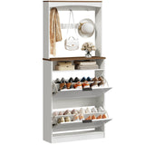 YATINEY Tall Shoe Cabinet with Flip Drawers and Coat Rack, Floor Standing Modern Shoe Storage Organizer, 2-in-1 Hall Tree with Movable Hooks and Open Shelves, for Entryway, White and Walnut SC01WH YATINEY