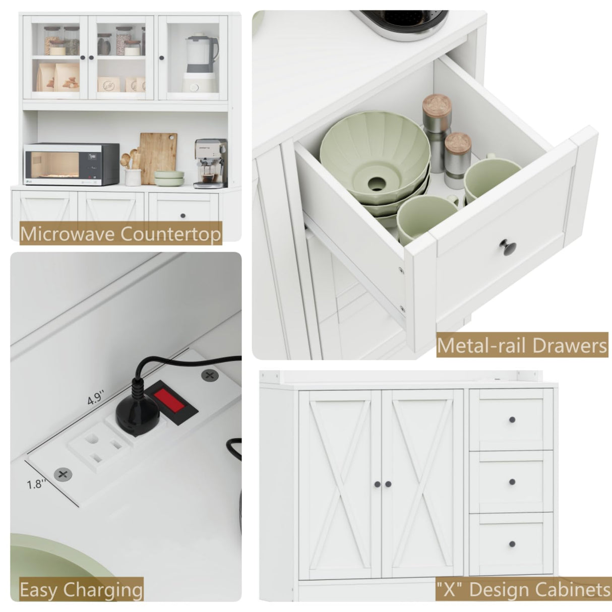 Irontar 70.9'' Kitchen Pantry Cabinet, Kitchen Hutch with Microwave Stand & Charging Station, Farmhouse Tall Kitchen Cabinet with Countertop, Bar Cabinet with Drawer and Glass Doors, White CWG011WE Irontar