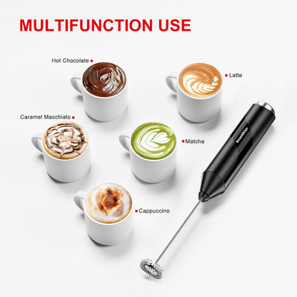 Bonsenkitchen Powerful Milk Frother for Coffee, Fast Handheld Drink Mixer with Stainless Steel Whisk, Battery Operated Hand Frother Stirrer Wand-Black