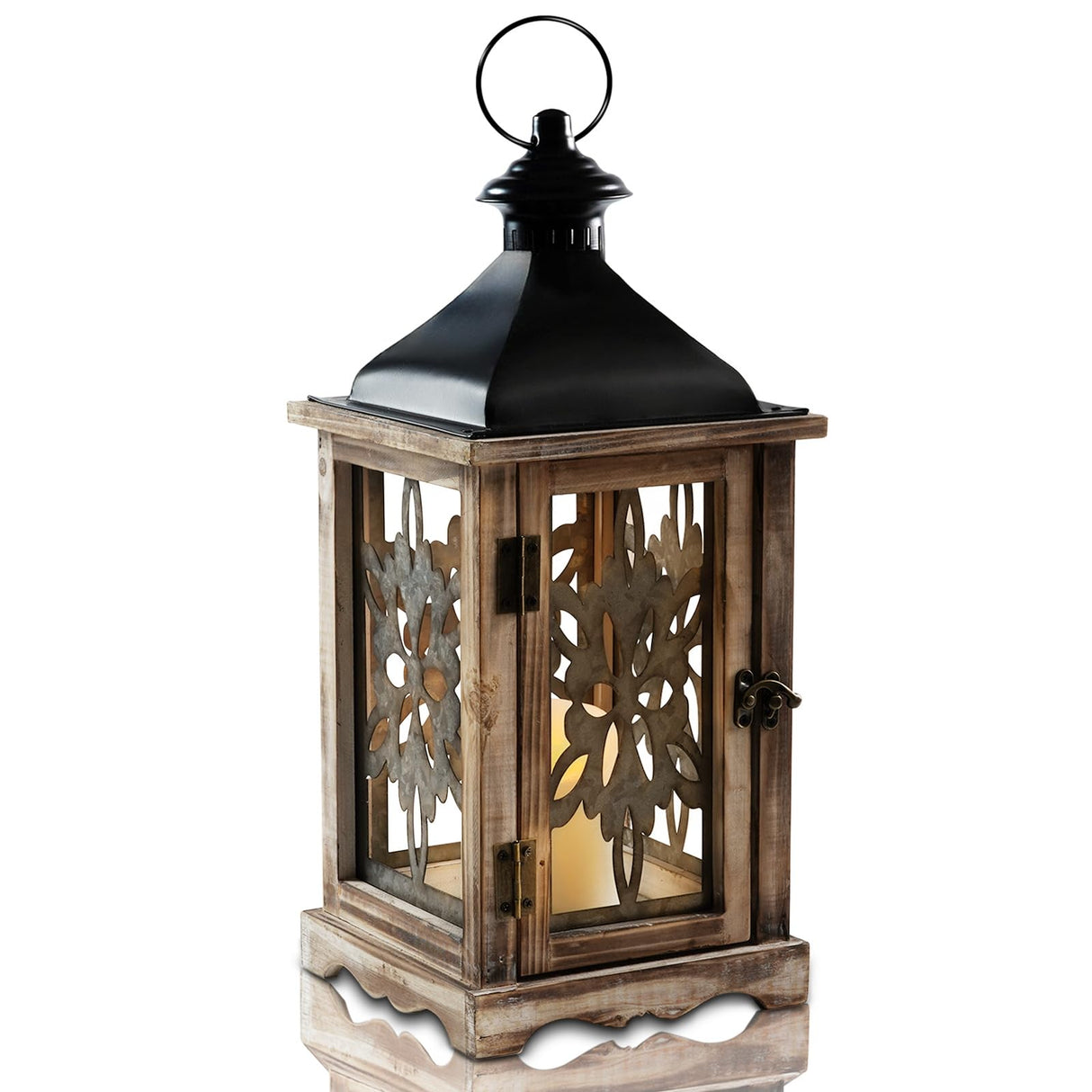 Homemory Rustic Christmas Farmhouse Lantern Decor, Wood & Metal 16'' Candle Lantern Hanging Candle Holders for Outdoor Indoor Home Living Room Patio Porch Table (Wood) Homemory
