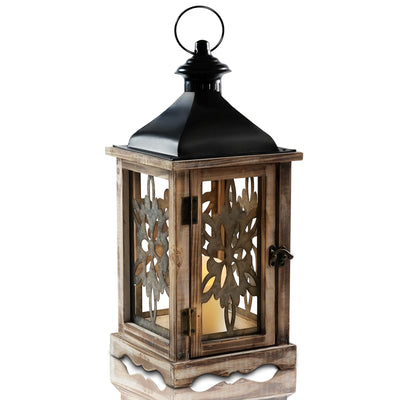 Homemory Rustic Christmas Farmhouse Lantern Decor, Wood & Metal 16'' Candle Lantern Hanging Candle Holders for Outdoor Indoor Home Living Room Patio Porch Table (Wood)