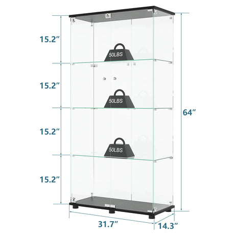 MODCART Glass Display Cabinet with 4-Shelf Double Doors and Lock, Curio Cabinet 5mm Tempered Glass Floor Standing Bookshelf for Living Room, Bedroom, Office, 64 x 31.7 x 14.3 in, Black MODCART