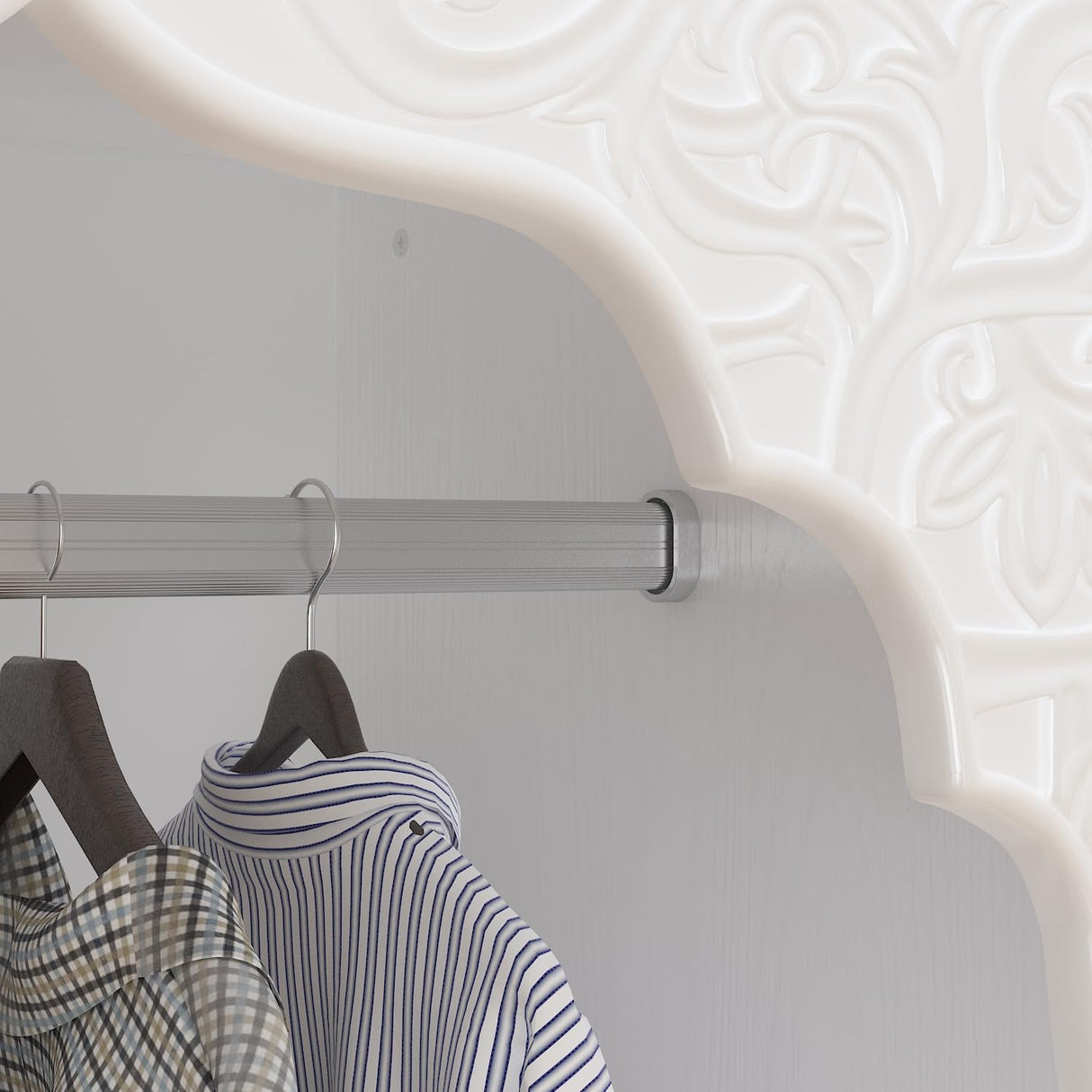 ECACAD 75.7" H Wardrobe Armoire Closet with 4 Carved Glass Doors, 3 Drawers, 6 Compartments & Hanging Bar, Wooden Closet Storage Cabinet with Patterns for Bedroom, Brown & White ECACAD