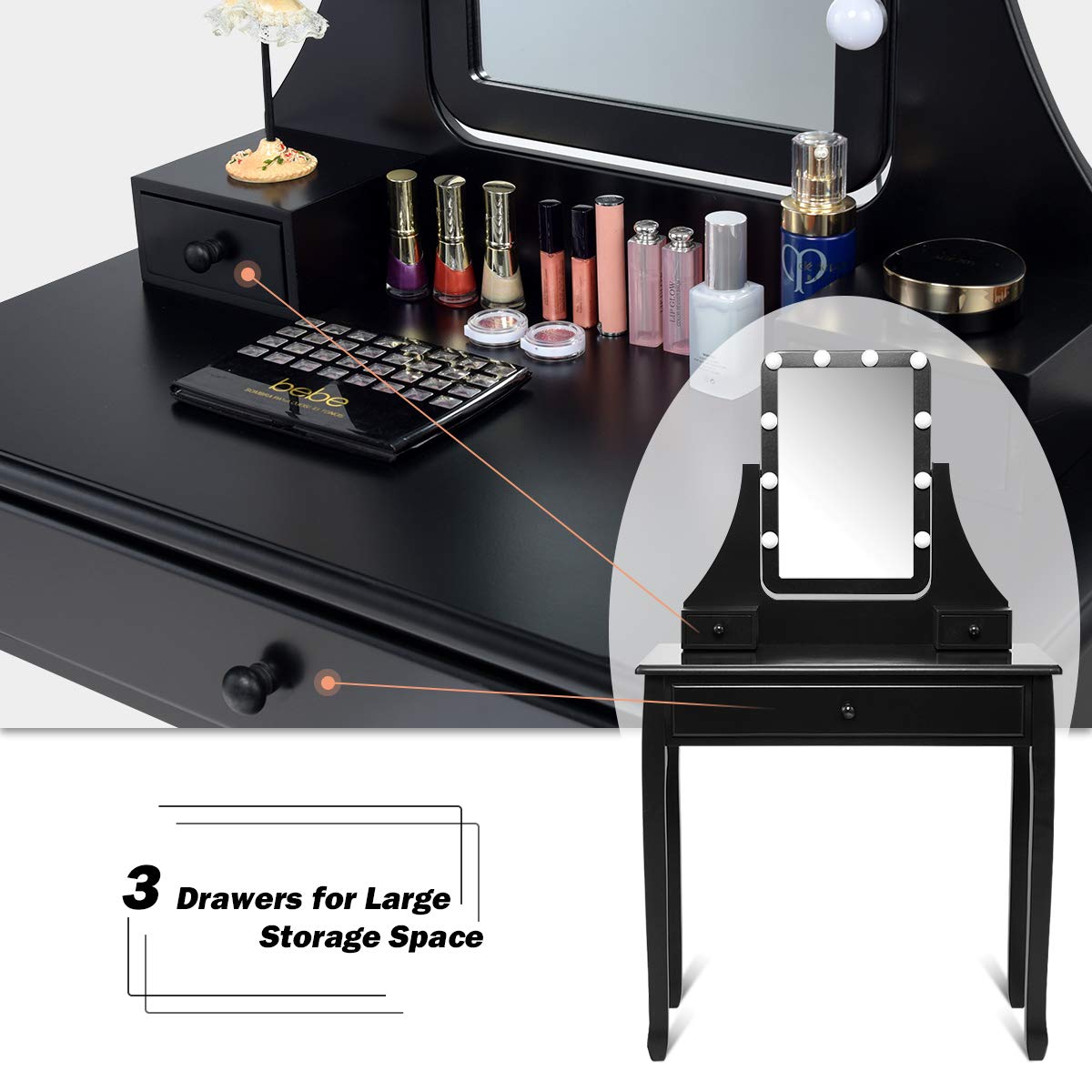 CHARMAID Vanity Set with Lighted Mirror, Makeup Table with 10 LED Dimmable Bulbs, 3 Lighting Sets, 3 Drawers, Bedroom Dressing Table Vanity Desk with Cushioned Stool for Women Girls (Black) CHARMAID