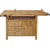 50" Rubberwood Workbench - with 3 Drawers 1 Cabinet Door and Shelf Integrated Vises and Bench Dog Holes Versatile for Garage, Woodworking Carpenter Workshop, and Home Use Lunanniu
