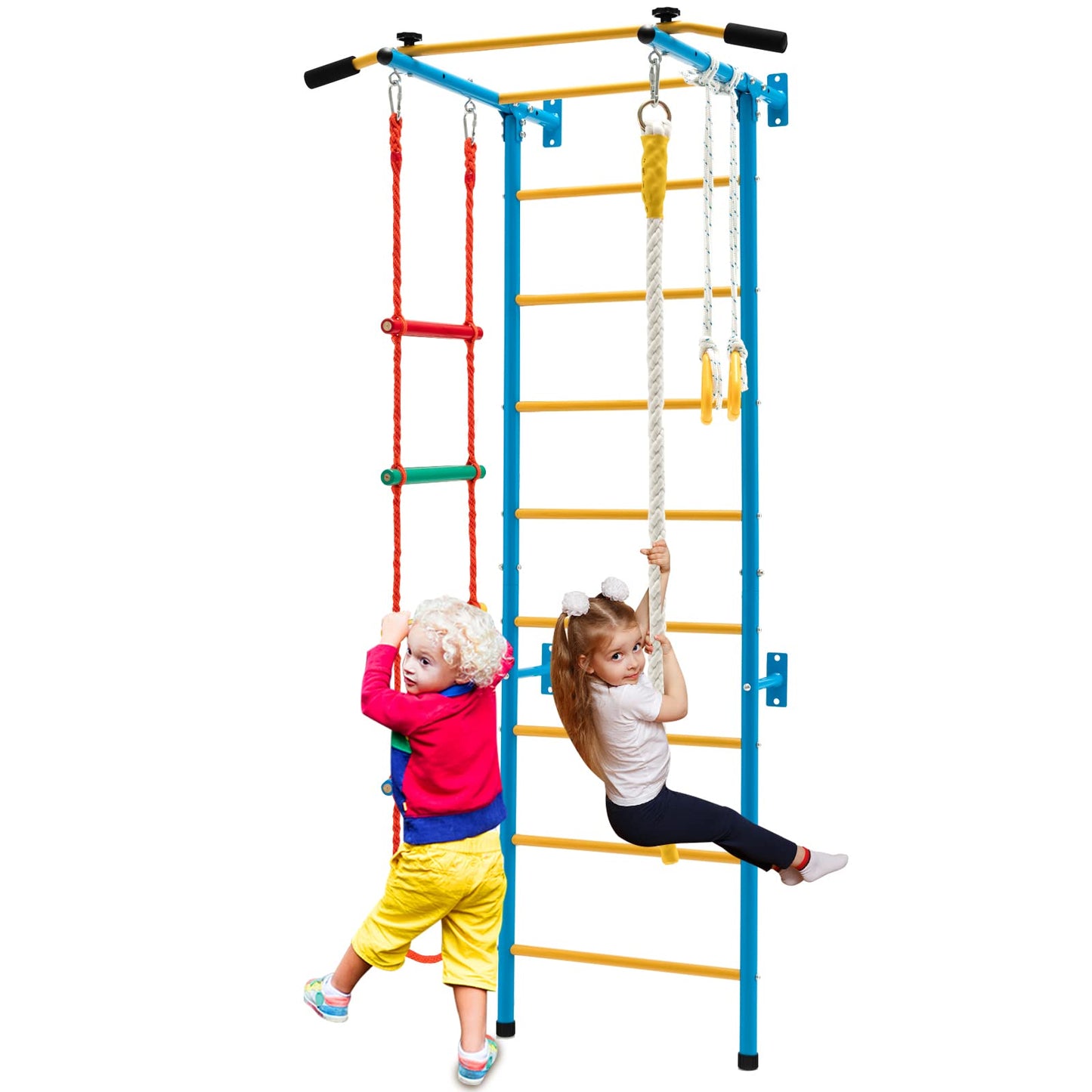 Costzon 5 in 1 Climbing Toys for Toddlers, Indoor Kids Gym for Exercise, Steel Ladder Wall Set with Wall Ladder, Pull-up Bar, Climbing Rope and Gymnastic Rings, Climber Ladder Toys Boys Girls Gift