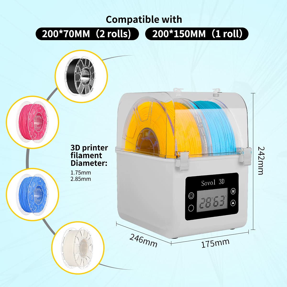 Sovol Filament Dryer 2024, SH01 Filament Dehydrator 3D Printer Spool Holder with Upgraded Fan, Dry Box for Keeping Filament Dry, Compatible with 1.75mm, 2.85mm Filament & PLA PETG TPU ABS - WoodArtSupply