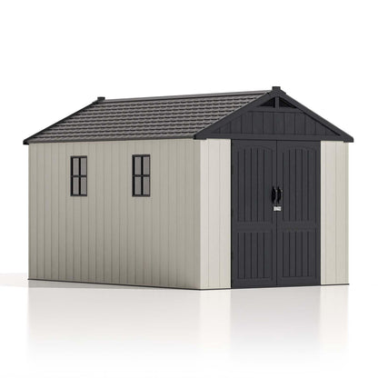 Patiowell 8 x 12 FT Plastic Outdoor Storage Shed with Floor, Resin Shed with Window and Lockable Door for Garden, Backyard, Tool Storage Use, Easy to Install in Beige (Kick-it Shed) - WoodArtSupply