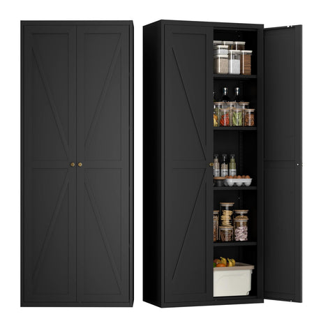 IRONFFICE Metal Storage Cabinet,Morden Pantry Cabinets for Kitchen Storage with Doors and Shelves,Tall Pantry Storage Cabinet for Living Room,Dining,Black IRONFFICE