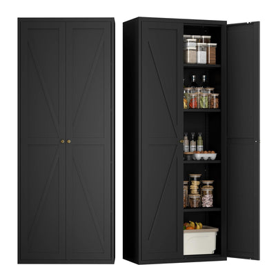 IRONFFICE Metal Storage Cabinet,Morden Pantry Cabinets for Kitchen Storage with Doors and Shelves,Tall Pantry Storage Cabinet for Living Room,Dining,Black