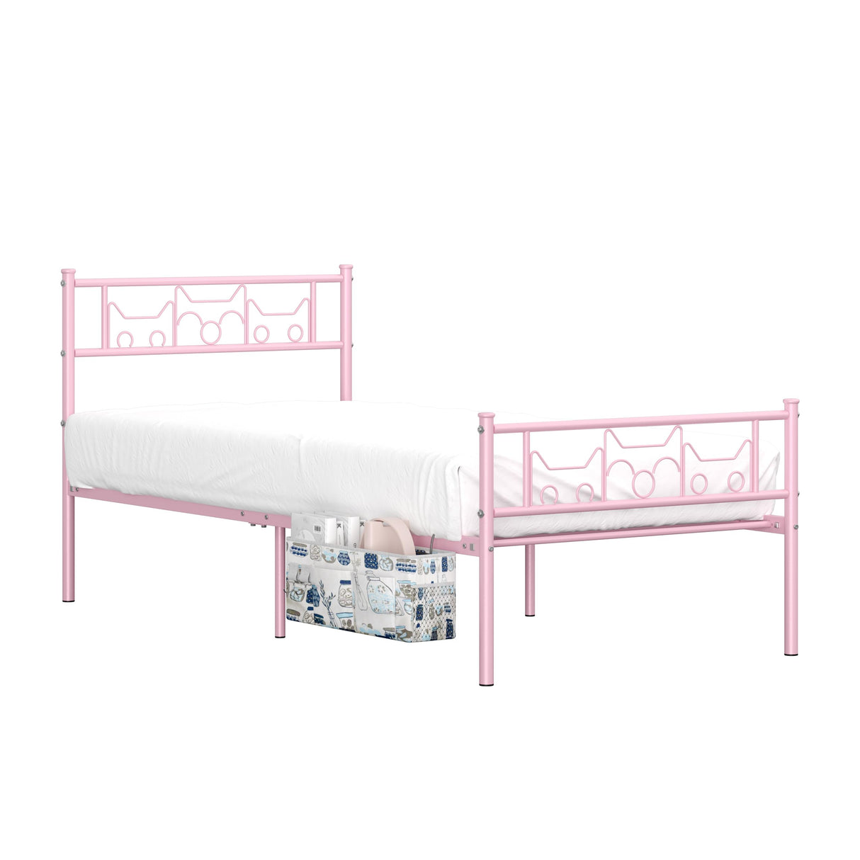 Newest Kitty Design Twin Bed Frames with Bedside Storage Caddy for Girls Metal Platform Twin Size Mattress Foundation Single Beds with Headboard Pink SENLOO