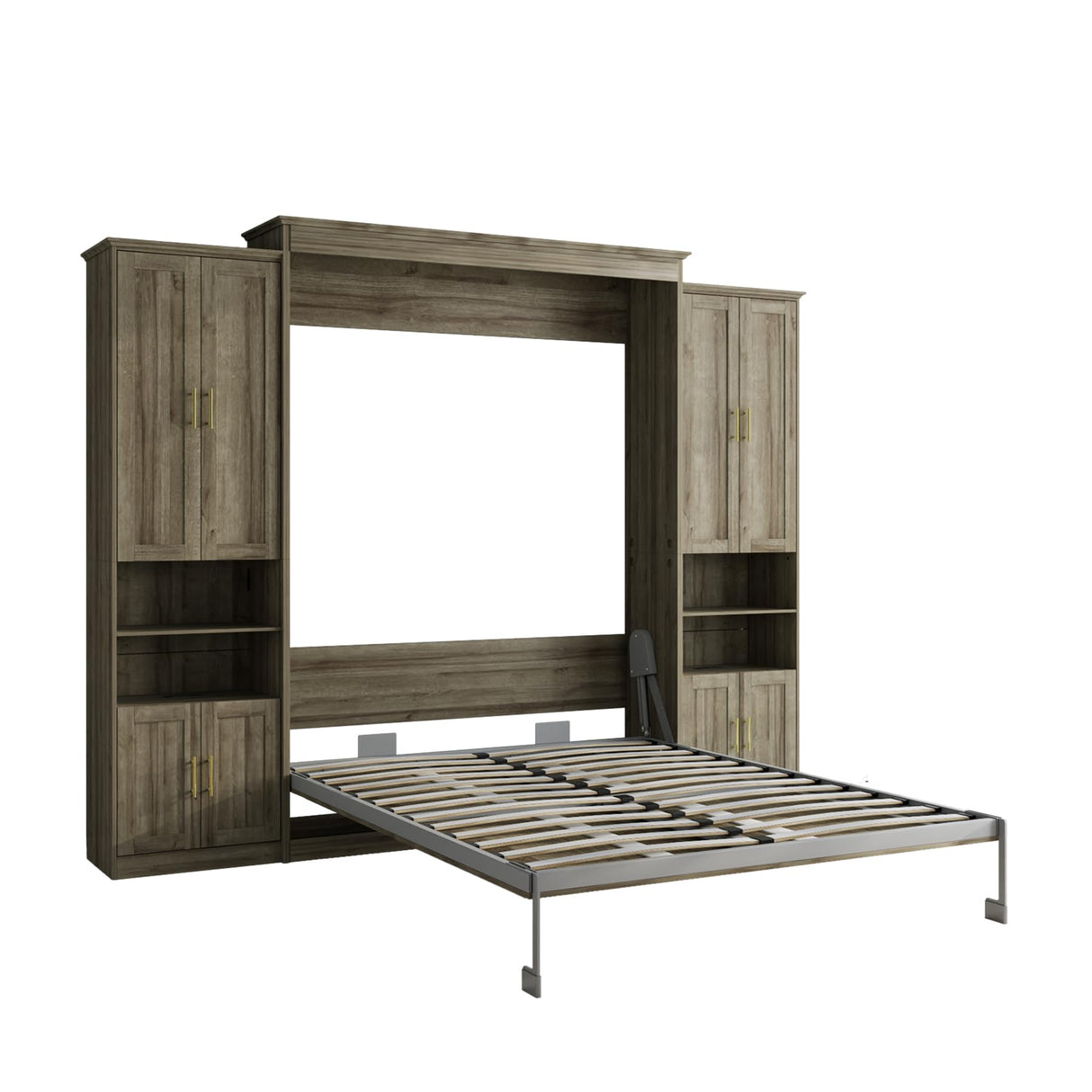 Rophefx Murphy Bed Queen with 2 Side Cabinet Storage Shelves, Queen Wall Bed Cabinet with USB Port, Wood Foldable Platform Bed Frame, Space Saving Beds, Modern Hidden Bed for Guest Room, Home, Grey Rophefx