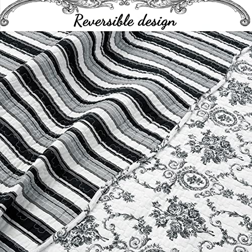 Cozy Line Home Fashions French Medallion Black White Grey Rose Flower Pattern Printed 100% Cotton Bedding Quilt Set Reversible Coverlet Bedspread (Black White, Queen - 3 Piece) Cozy Line Home Fashions