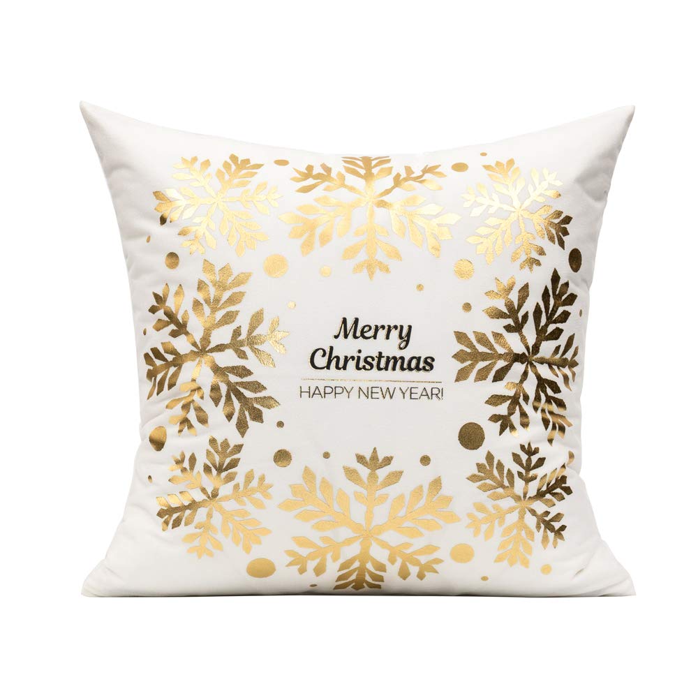 All Smiles White Gold Christmas Decorations Throw Pillow Covers 18X18 Set of 4 Winter Xmas Navidad Home Holiday Décor Velvet Cushion Cases for Sofa Tree Snowflake Reindeer All Smiles