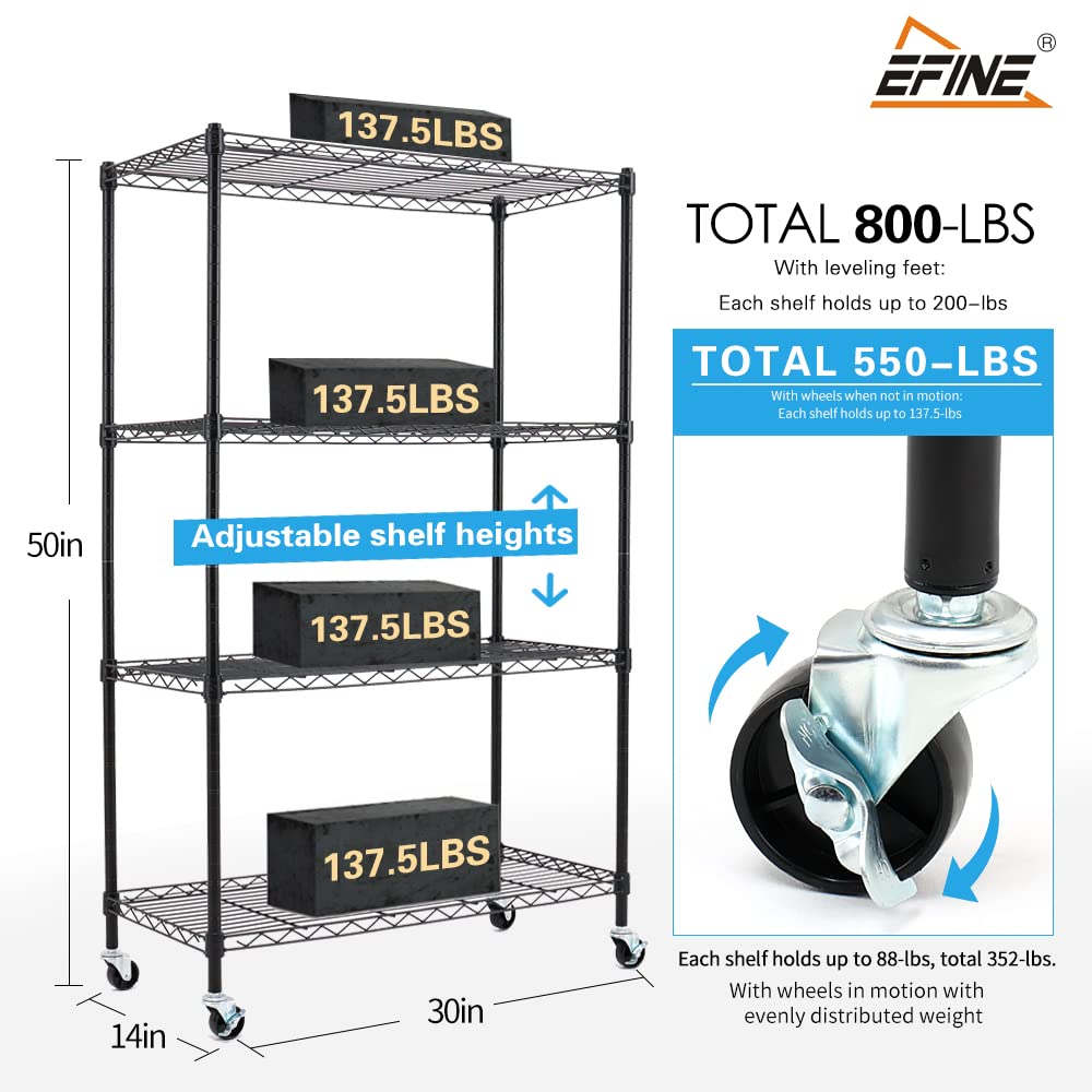 Catalina Creations EFINE 4-Shelf Shelving Units and Storage on Wheels, NSF Certified, Adjustable Carbon Steel Wire Shelving Unit Rack for Garage, Kitchen, Office, Black (50H X 30W X 14D)