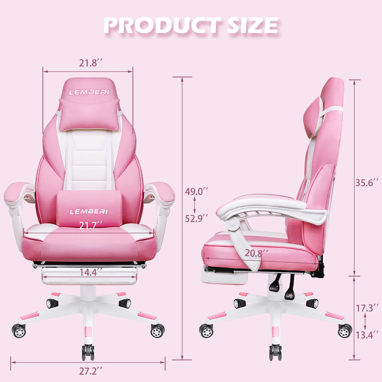 LEMBERI Pink Gaming Chair with footrest, Kawaii Cute Pink Gamer Chair for Girl,Girls Video Game Chairs,Computer Gaming Chair with Headrest and Lumbar Support LEMBERI