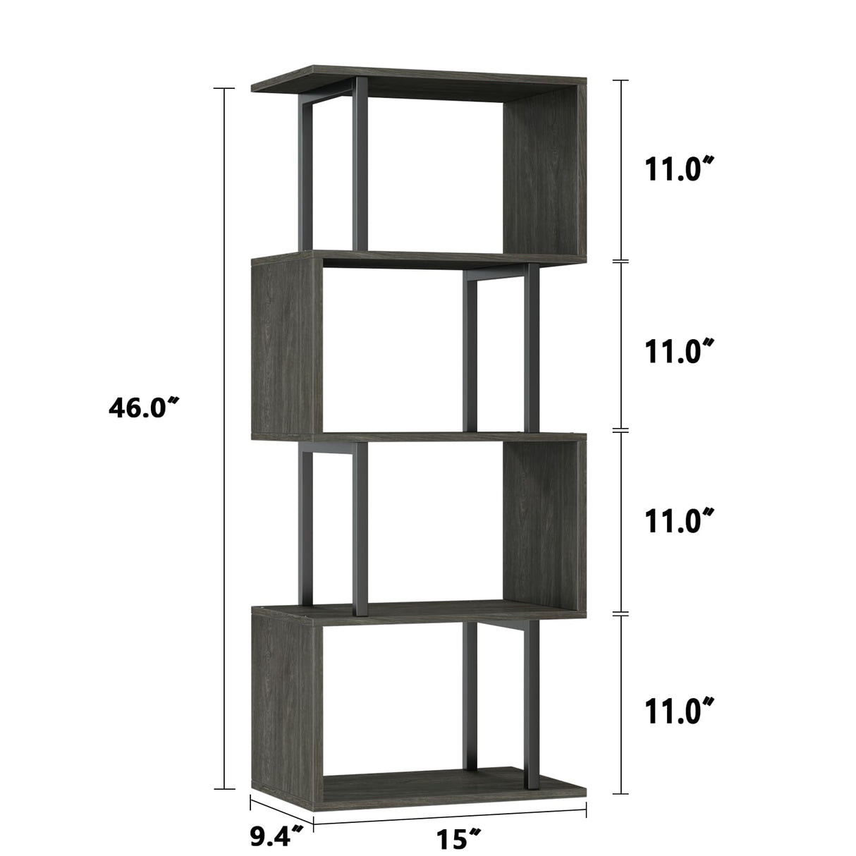 Furologee Geometric Bookshelf 5 Tier Bookcase, Industrial S-Shaped Display Storage Shelf for Small Space, Tall Metal Wood Decorative Standing Shelves for Bedroom, Living Room, Office, Black Oak Furologee