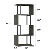 Furologee Geometric Bookshelf 5 Tier Bookcase, Industrial S-Shaped Display Storage Shelf for Small Space, Tall Metal Wood Decorative Standing Shelves for Bedroom, Living Room, Office, Black Oak Furologee