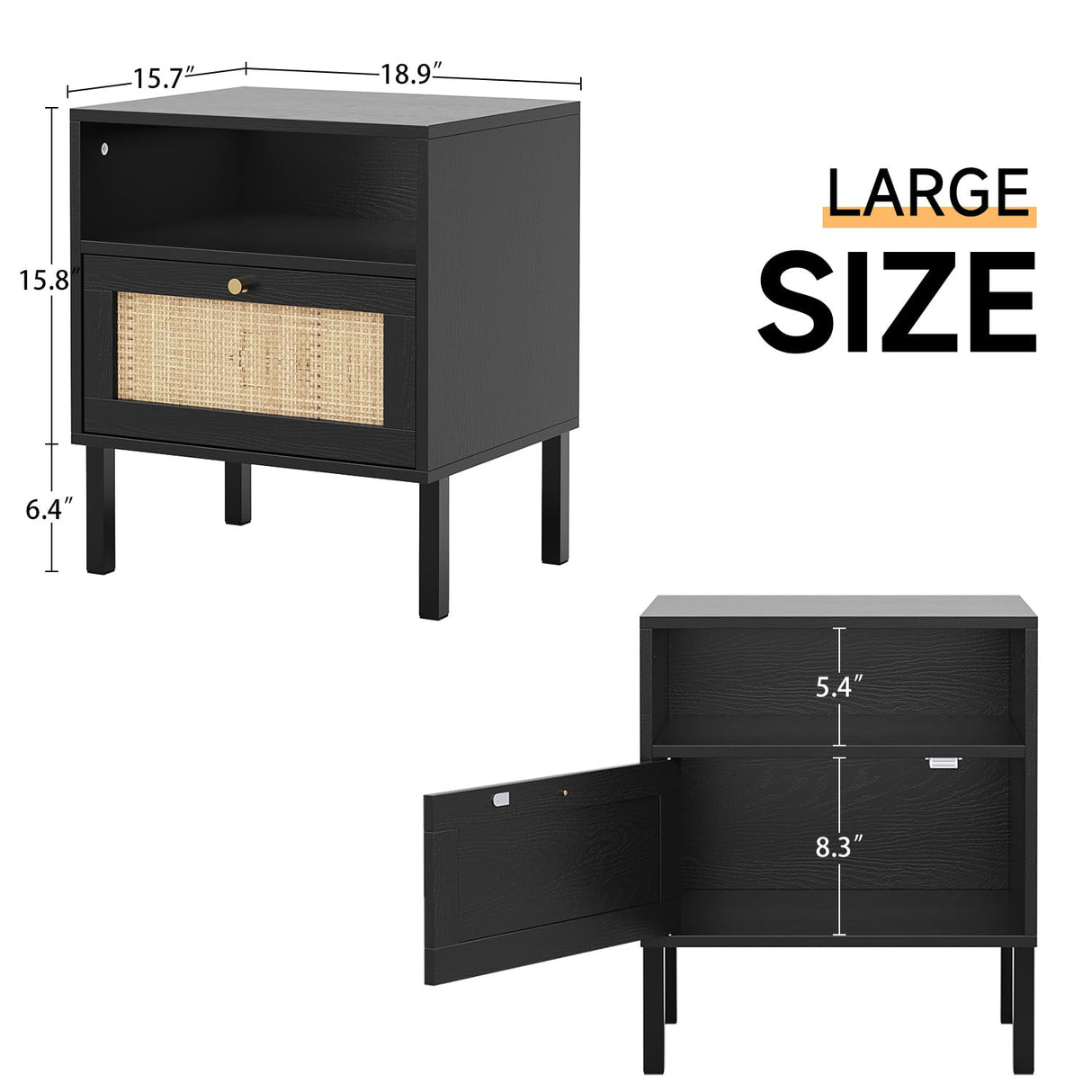 Angel Sar Rattan Night Stand Set 2, Boho Black Nightstands Set of 2, Bedside Table, End Table with Open Storage Space & Metal Legs, Bedroom Night Stand Wood Nightstand Angel Sar