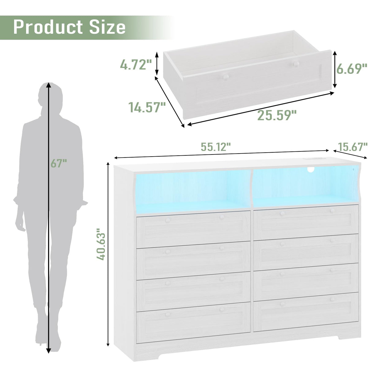 GarveeHome 8 Drawers Wooden Dressers with LED Lights and Power Outlet for Bedroom, Large Modern Wood Dresser for Living Room, Hallway, Wide Chest of Drawers Wood TV Stand Dressers for 55" TV (White) GarveeHome