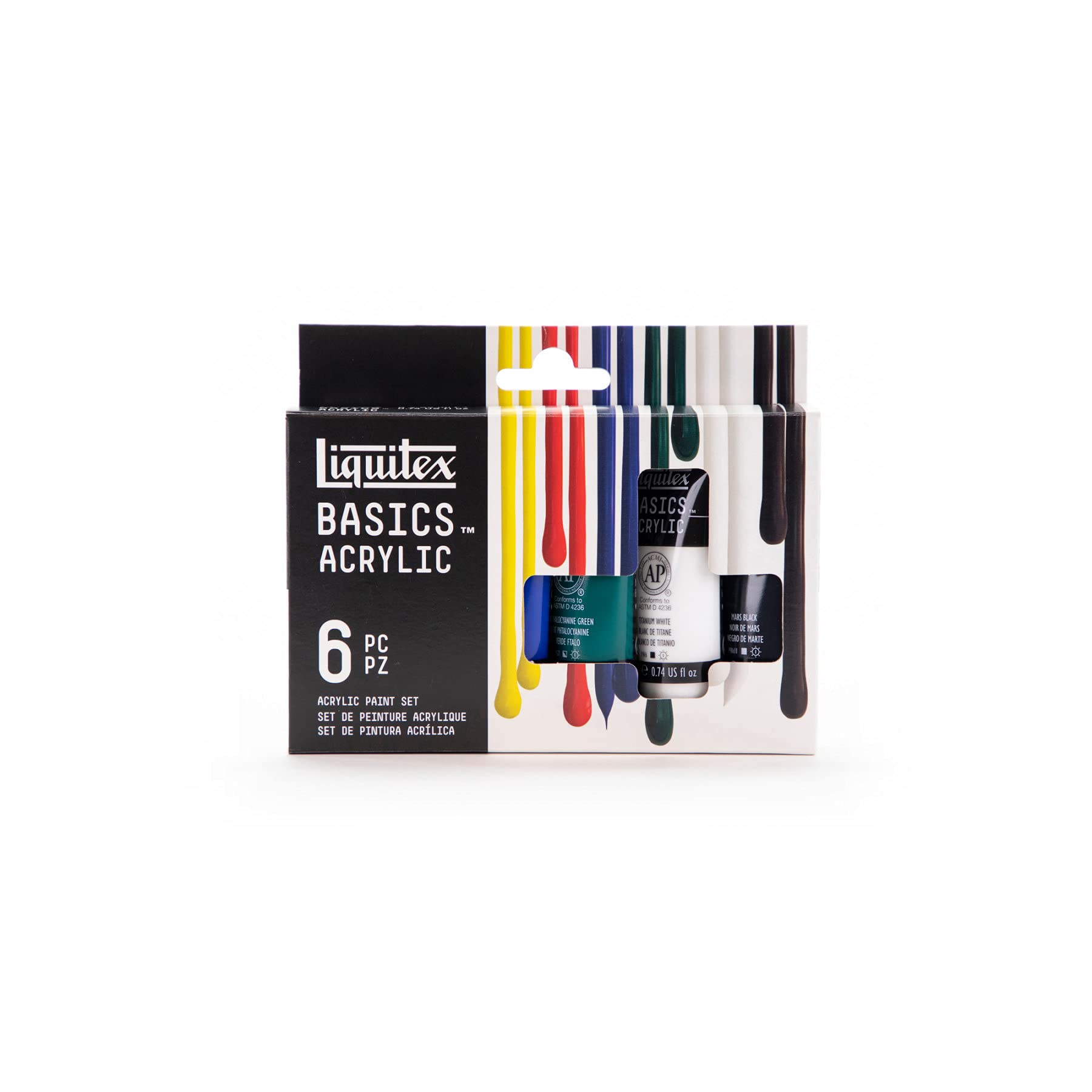 Liquitex BASICS Acrylic Paint Set, 6 x 22ml Tube Paint Set, Primary, Blue,Color Mixing,Green,White, 0.7 Fl Oz (Pack of 6) - WoodArtSupply