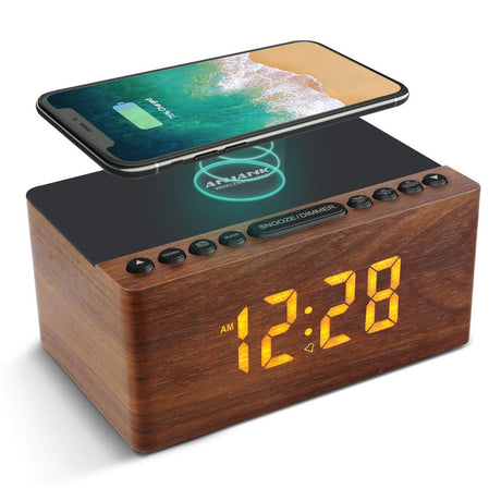 ANJANK Digital LED Alarm Clock FM Radio, Fast Wireless Charger Station for iPhone/Samsung Galaxy, 5 Level Dimmer, USB Charging Port, 2 Sounds, Sleep Timer for Bedroom, Bedside, Desk - Wood ANJANK