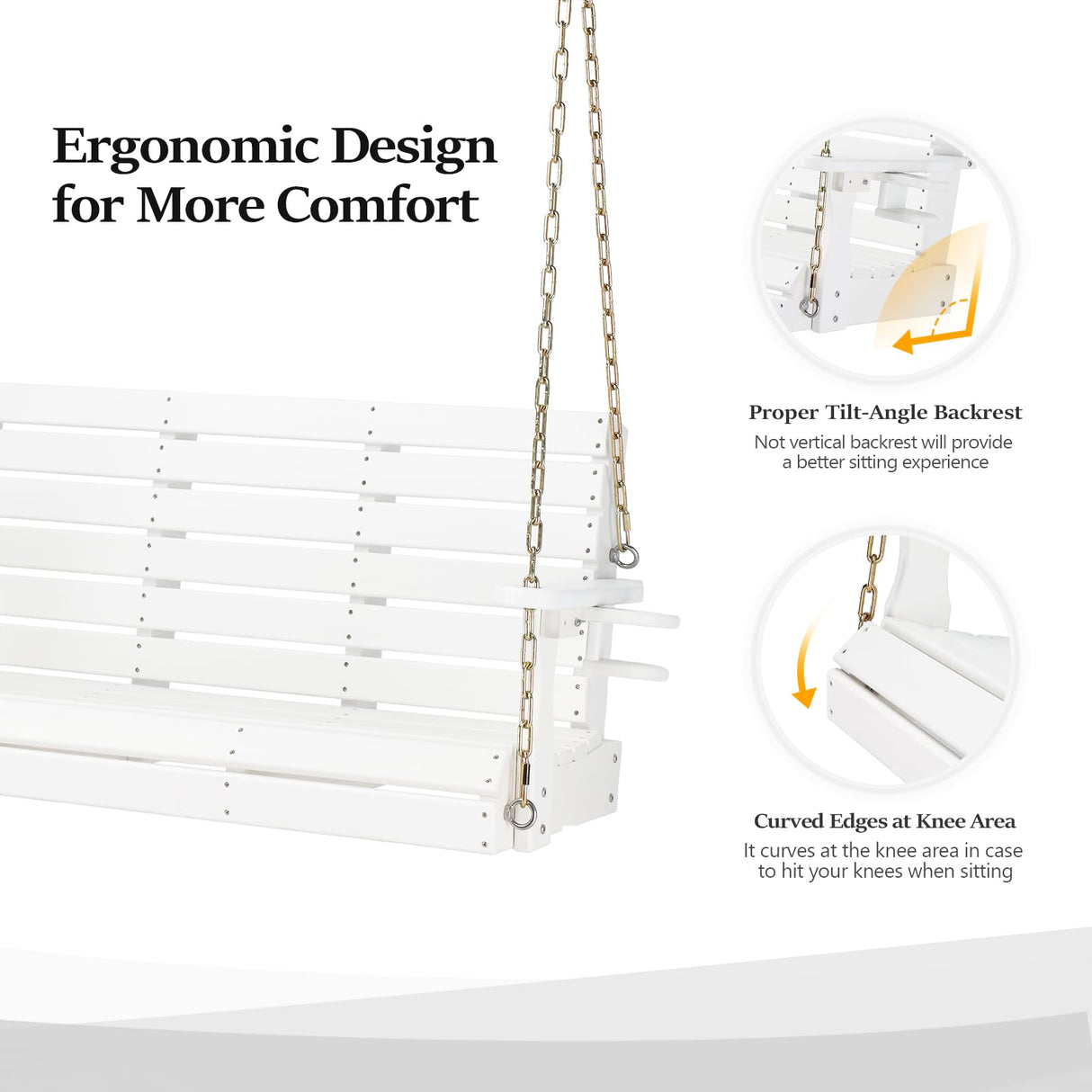 VINGLI Heavy Duty 1600 LBS HDPE Porch Swing Outdoor with Rotatable Cup Holder, 4 FT Patio Bench Swing with Adjustable Chains, 2 Person Hanging Porch Swing Chair for Porch, Yard, Tree, Garden - White VINGLI