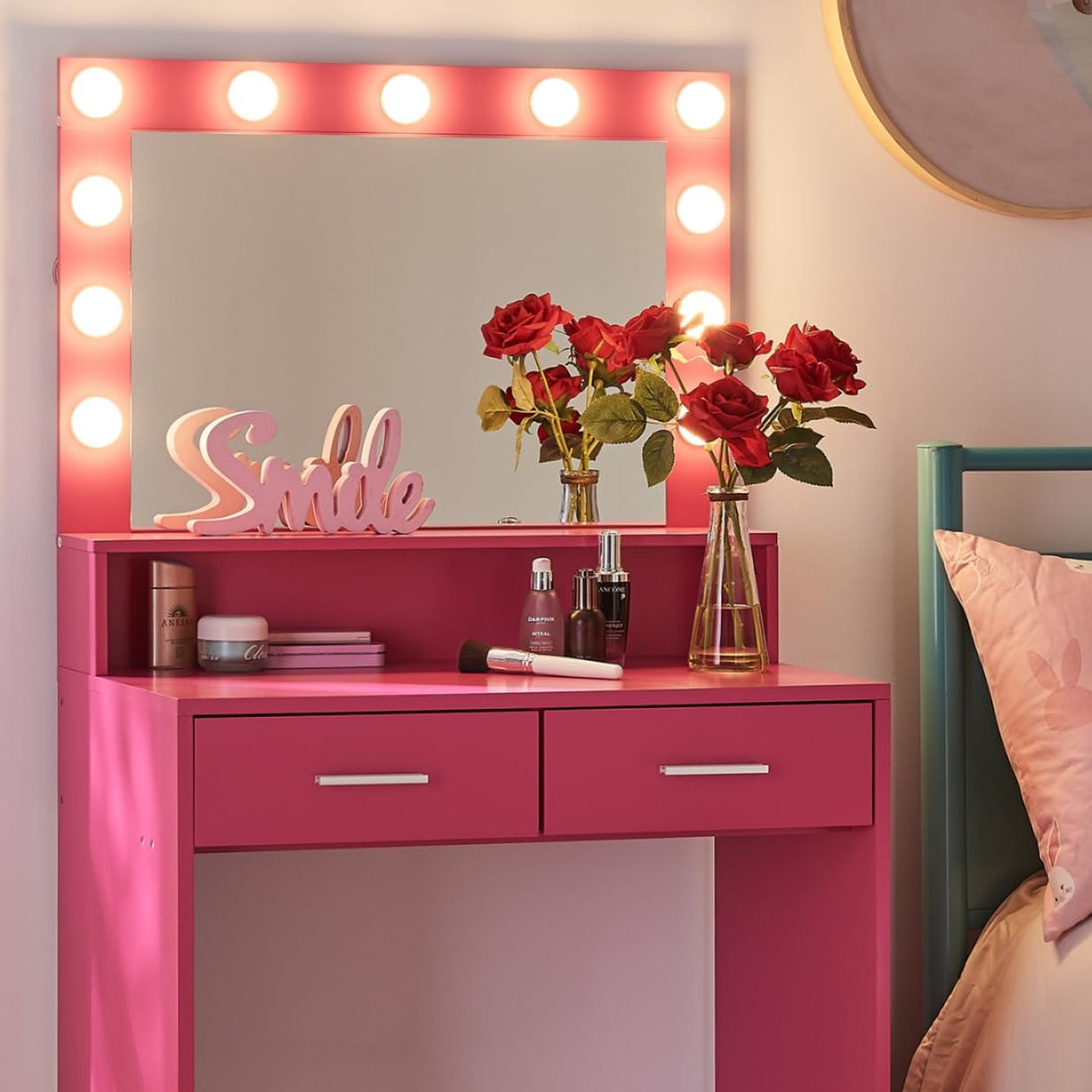 MIRROTOWEL Vanity Desk with Mirror and Lights, Dressing Table with Large Drawer, 2 Level Storage Dresser & 3 Lighting Modes Adjustable Brightness, Suitable for Bedroom MIRROTOWEL