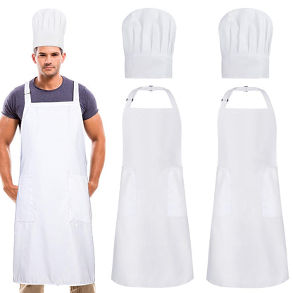 XLSXEXCL 2 Pack Chef Apron and Hat, Adjustable High Cooking Apron Waterproof Kitchen Baking Apron with Two Pockets and Elastic Chef's Hat Set for Women Men Father's Mother's Christmas Gift(White)