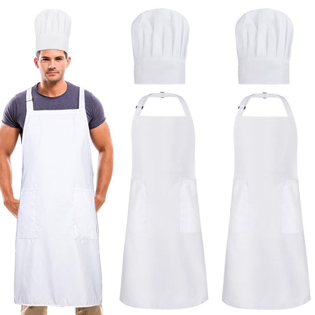 XLSXEXCL 2 Pack Chef Apron and Hat, Adjustable High Cooking Apron Waterproof Kitchen Baking Apron with Two Pockets and Elastic Chef's Hat Set for Women Men Father's Mother's Christmas Gift(White) XLSXEXCL