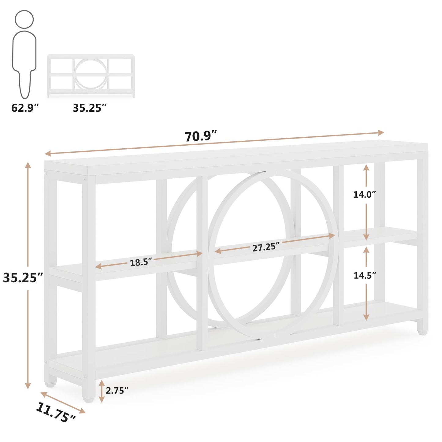 Tribesigns 70.9 inch Sofa Console Table, Modern Extra Long Entryway Tables with 3 Tier Storage Shelves Metal Frame for Foyer Hallway Living Room Behind Couch, Pure White - WoodArtSupply